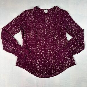 Converse One Star Y2K Burgundy Abstract Print Pleated‎ Button Front Blouse Top S